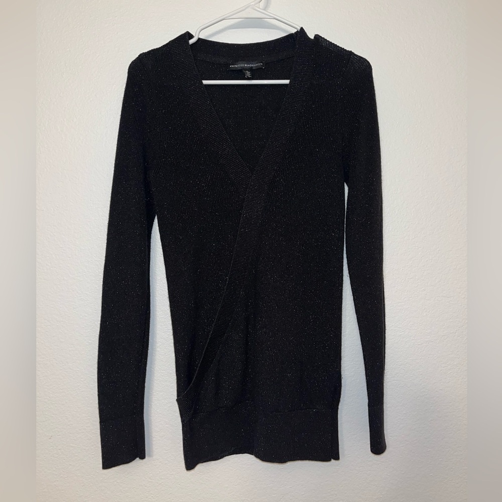 White House Black Market Black Sparkle V-Neck Wrap Sweater